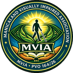 Manicaland Visually Impaired Association (MVIA) logo — a person with a cane walking toward the sun, framed by an eye of leaves above hands holding a book